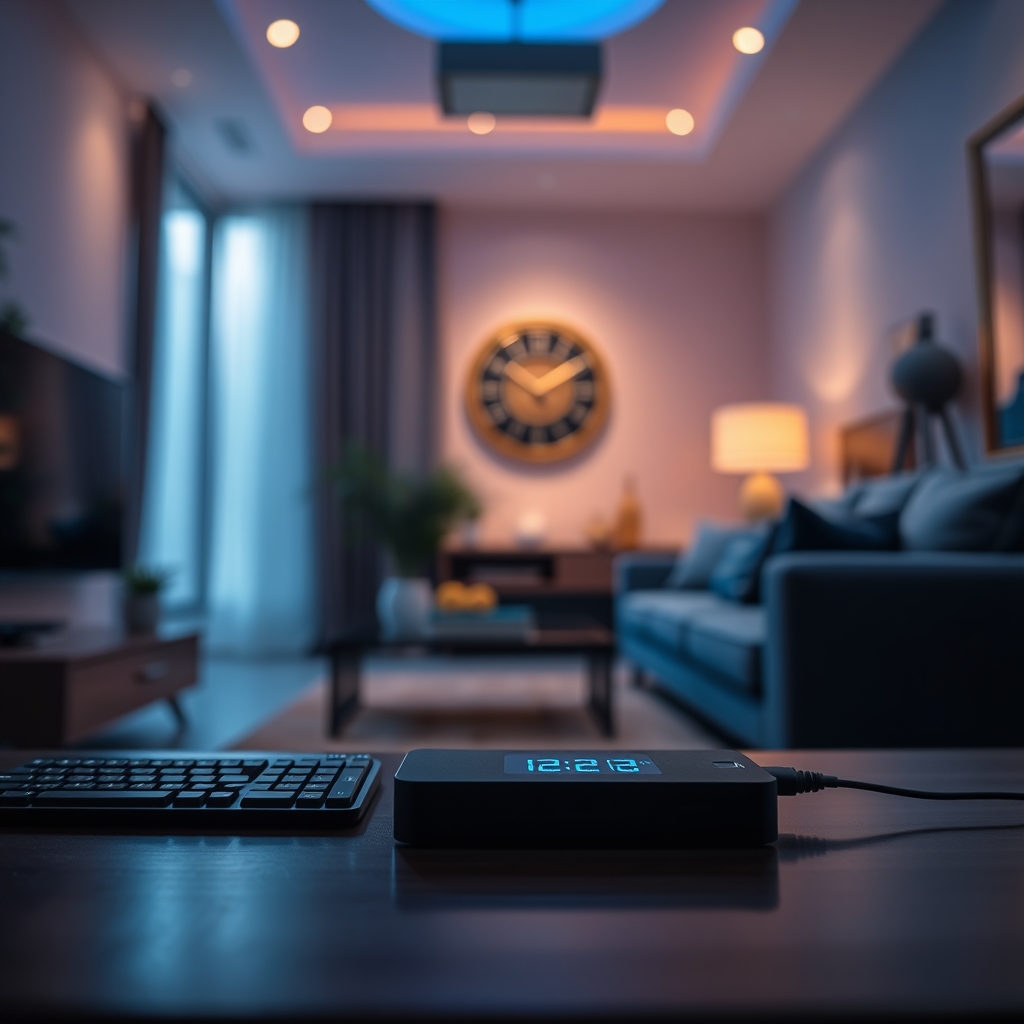 A modern living room bathed in harsh, blue-tinted automated LED lighting, creating an uninviting atmosphere.