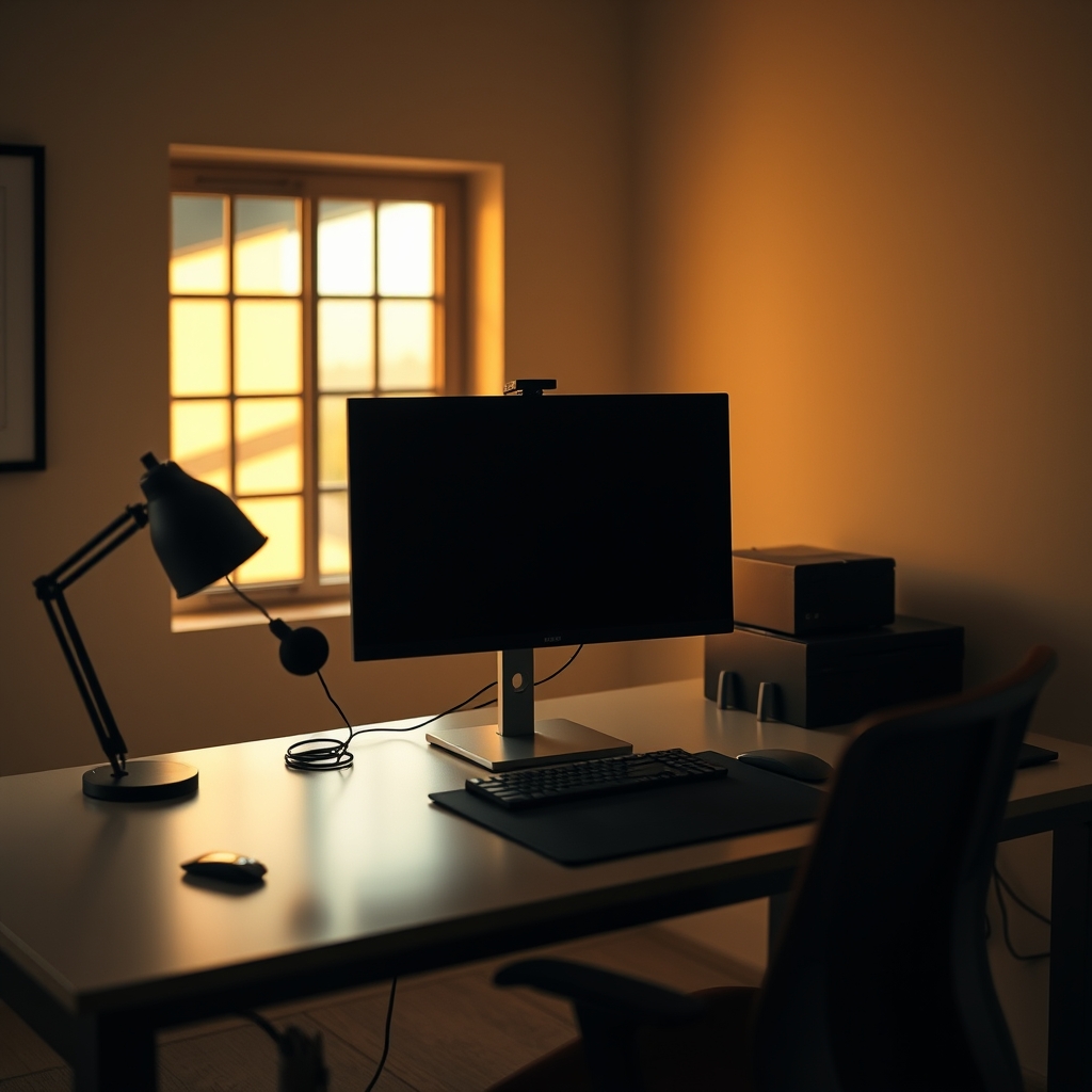 A sleek, minimalist desk setup featuring a single large, high-resolution monitor, illustrating a distraction-free professional workspace.