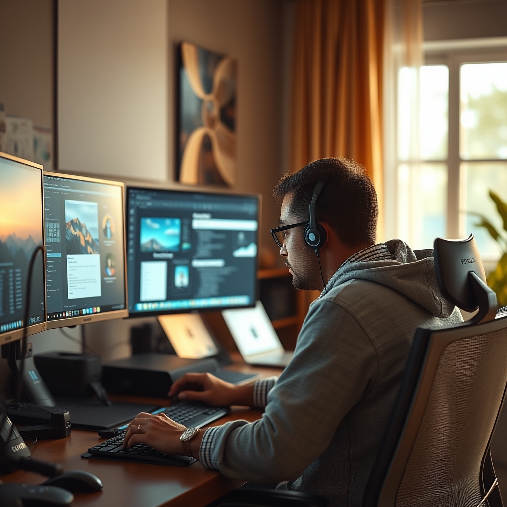 A professional engrossed in work on a single monitor, demonstrating effective window management and deep concentration.