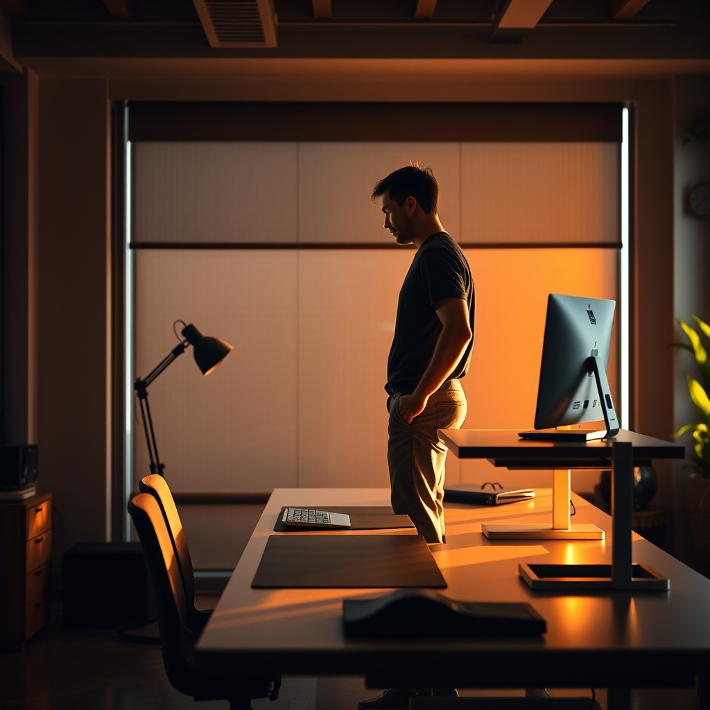 Person standing at a minimalist desk, subtly shifting weight indicating restless posture