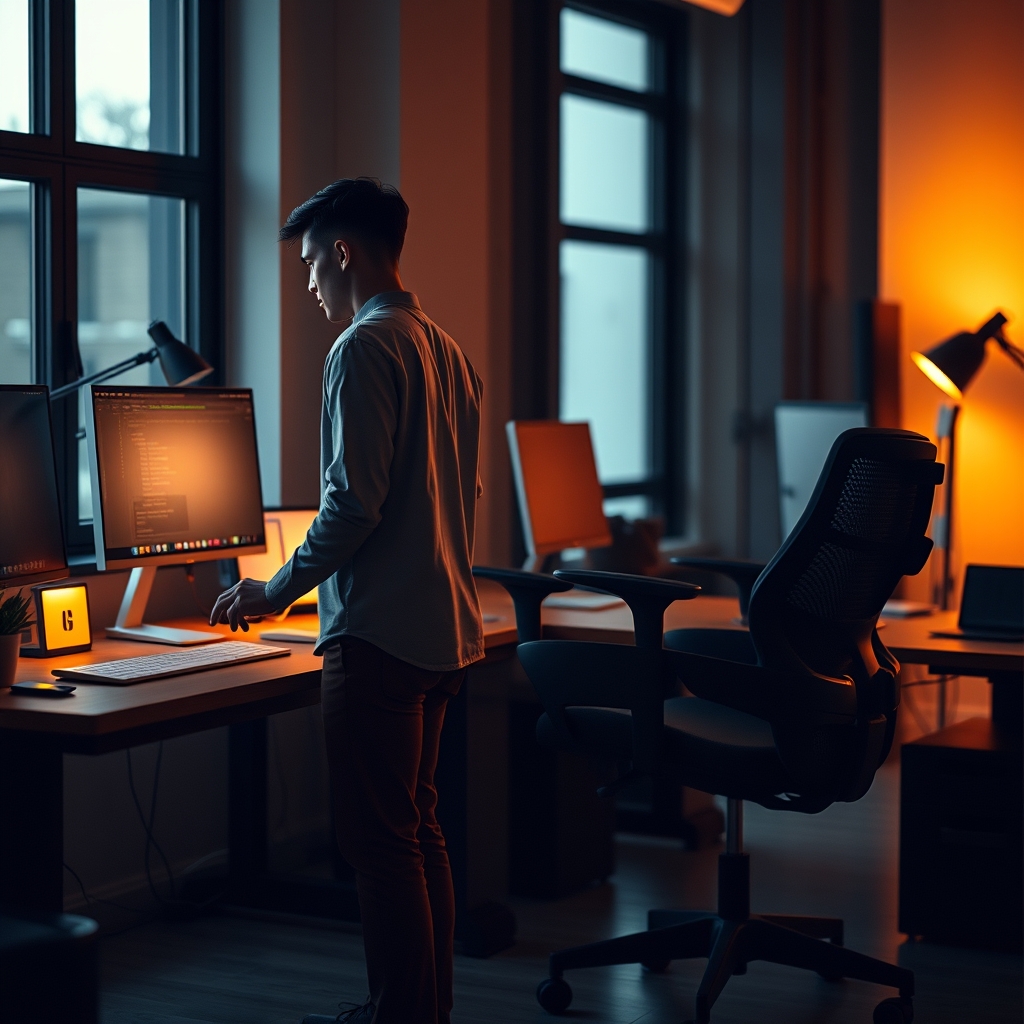 A split image showing a focused person in an ergonomic chair vs. a slightly fidgeting person at a standing desk