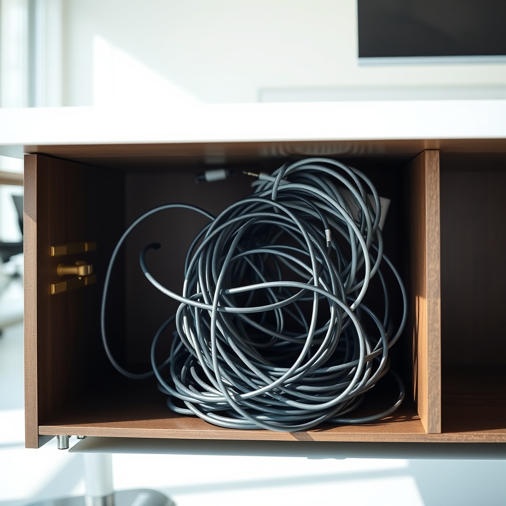 Tangled cables trapped in a rigid, built-in cable management tray on a standing desk.