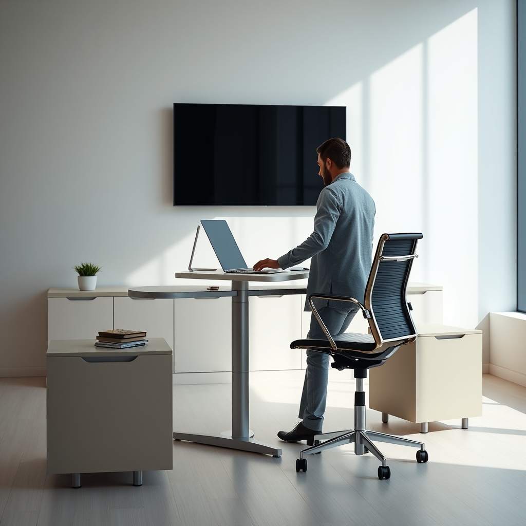 A person comfortably shifting between sitting and standing at their adjustable height desk.