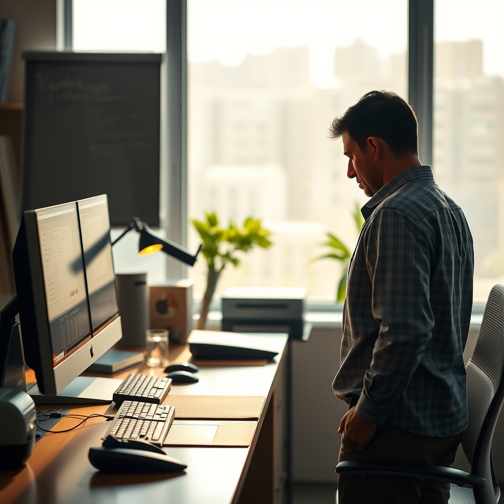 Person at a standing desk with slumped shoulders and a tired expression, demonstrating common fatigue and poor posture from incorrect standing desk use.