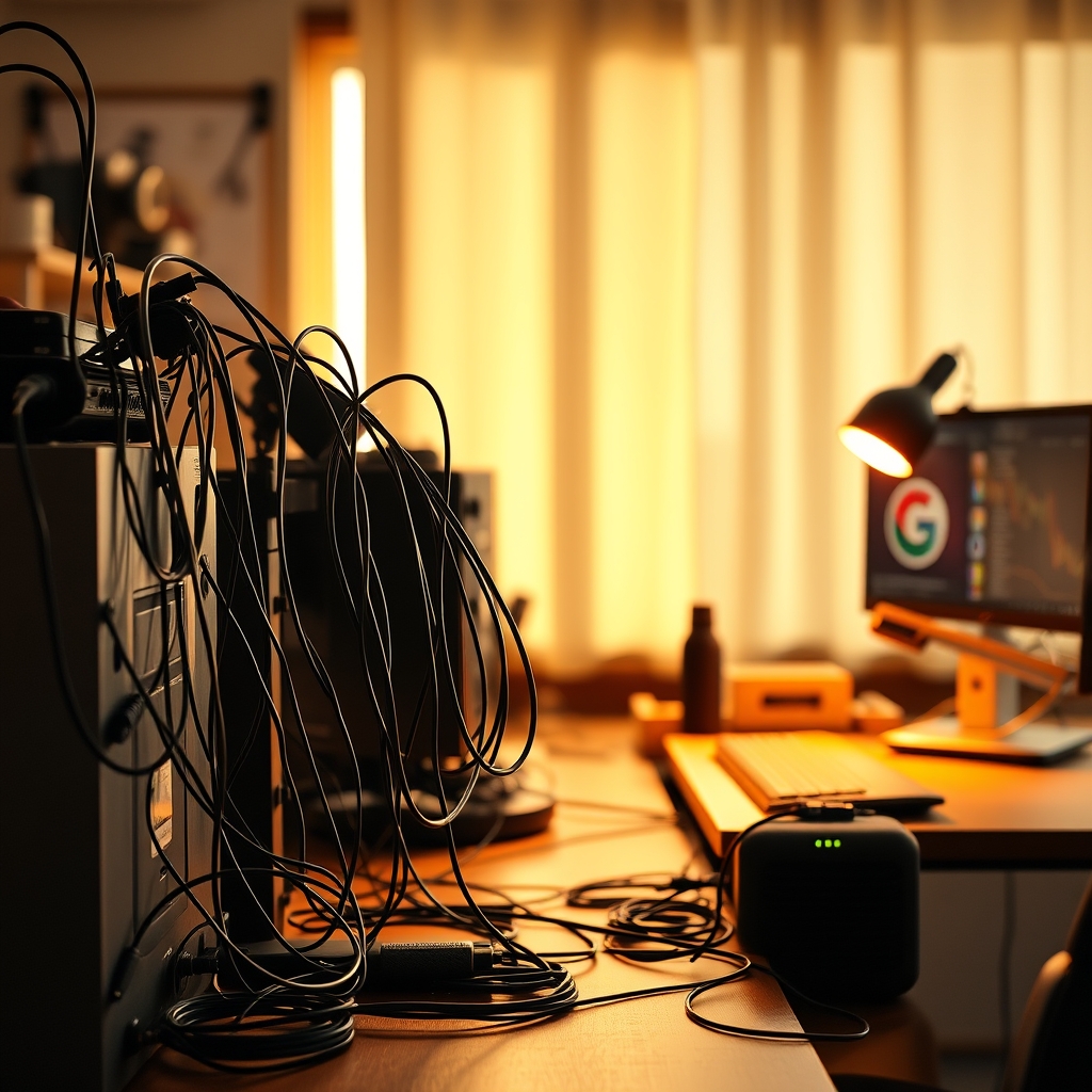 Tangled cables creating a chaotic mess under a standing desk as it adjusts height, illustrating a common cable management nightmare.