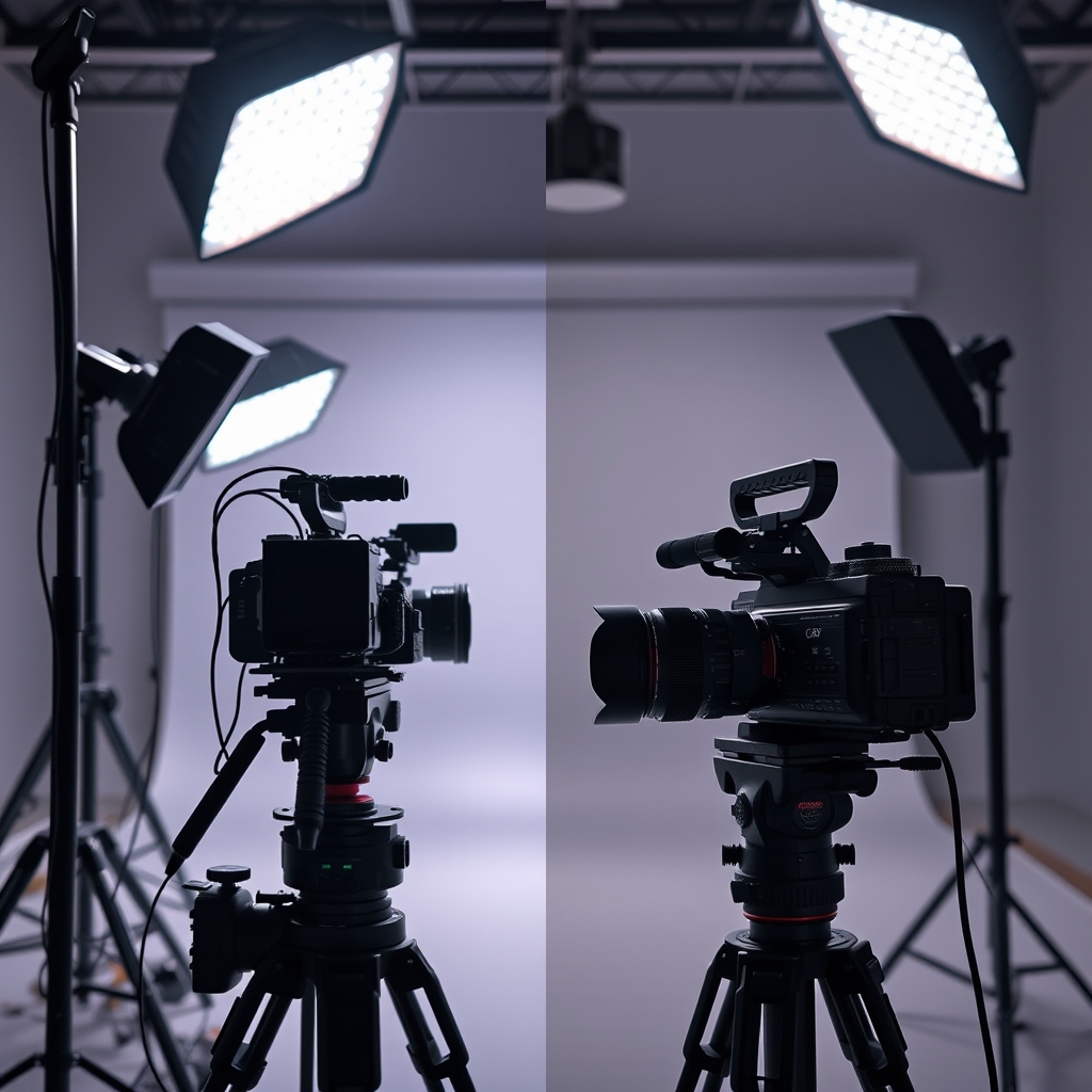 Side-by-side comparison of a cluttered camera setup versus a clean, minimalist one, highlighting the impact on creative focus.