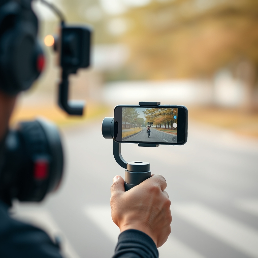 A creator expertly filming with a DJI Osmo Mobile 8 phone gimbal, capturing smooth footage while moving.