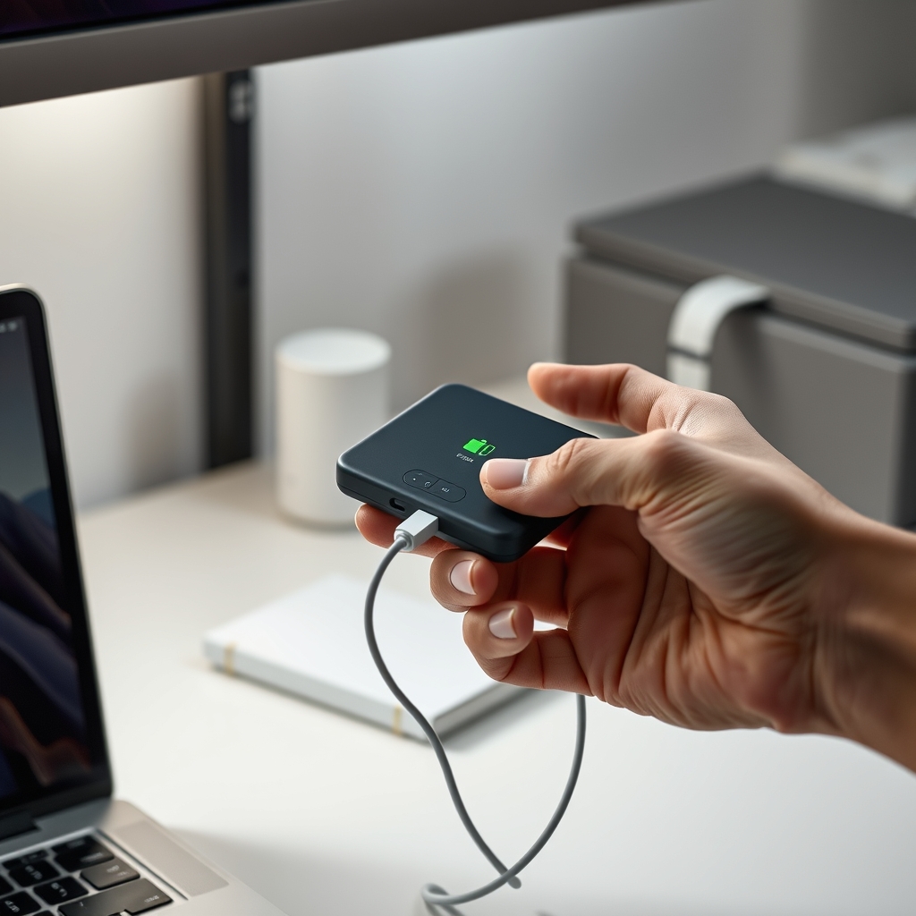 User connecting a smartphone to a compact portable charger, demonstrating efficient mobile power solutions.