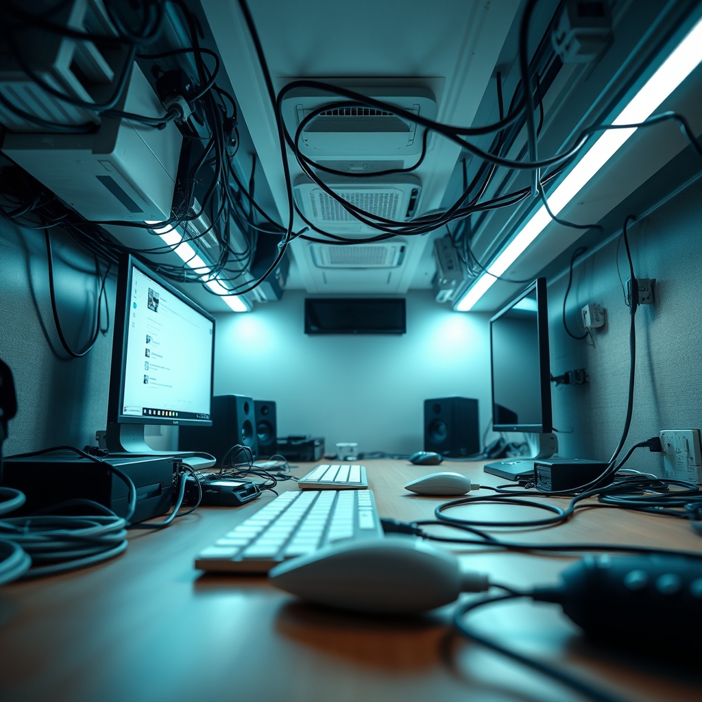 Tightly bundled cables under a desk, showing strain and lack of airflow