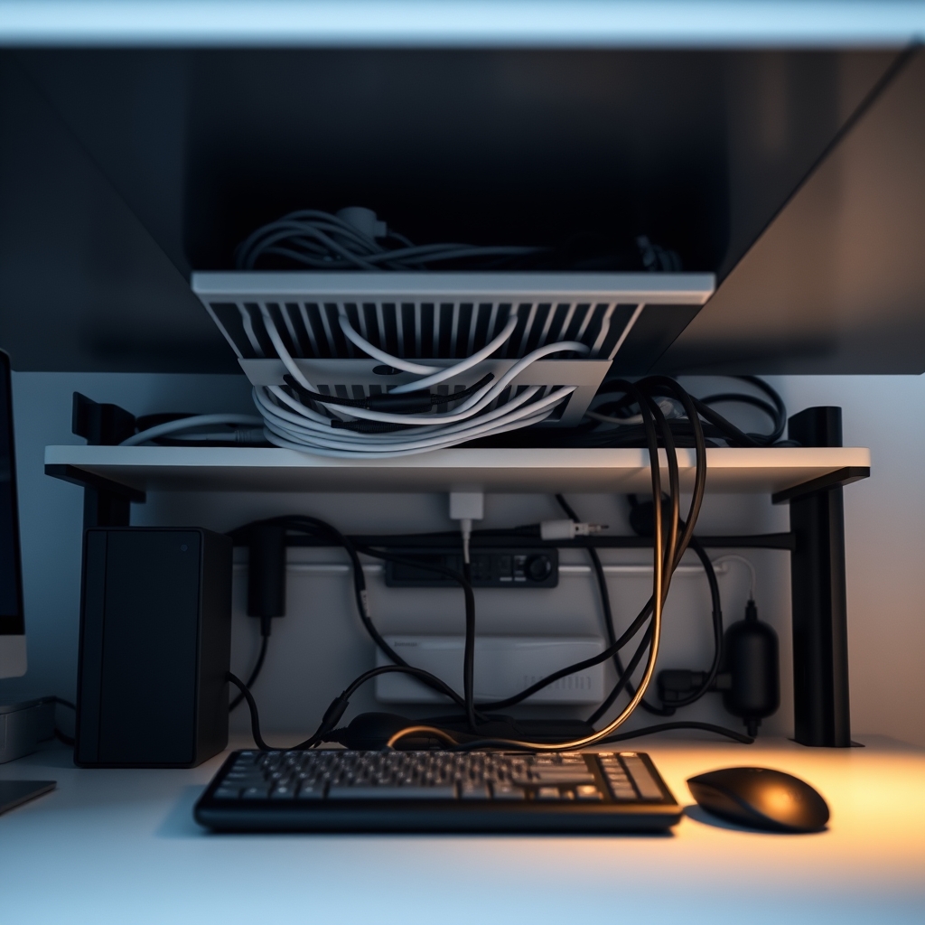 Under-desk cable management tray for efficient and breathable routing of multiple cables