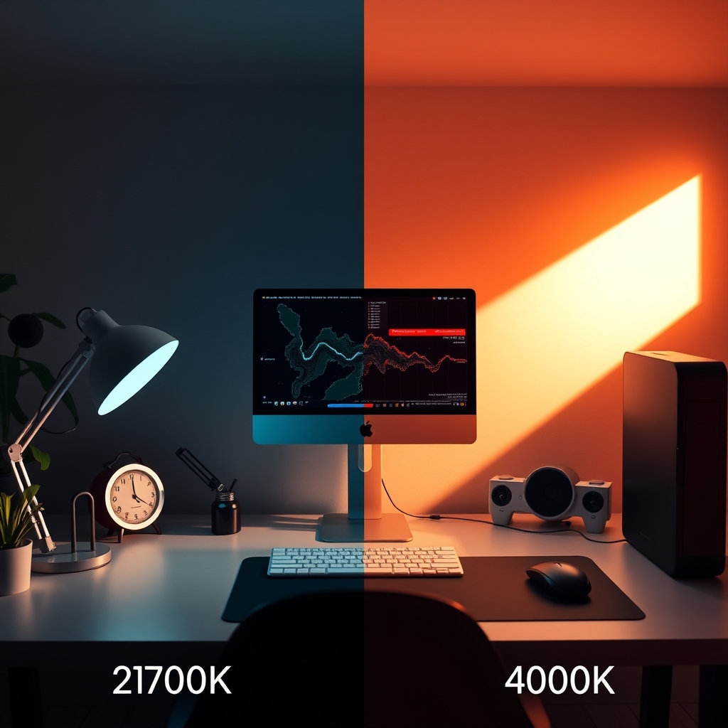 A split image demonstrating the visual difference between a warm (2700K) and cool (4000K) color temperature light on a modern desk setup.