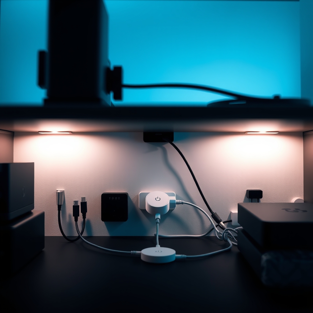 Hidden cable management under a small desk with a subtly integrated wireless charging pad, demonstrating smart space utilization.