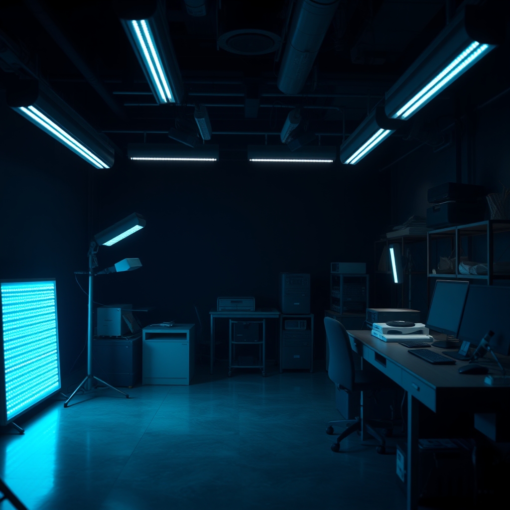 A modern workspace illuminated by subtle blue-green ambient lighting, evoking a sense of calm and focus.