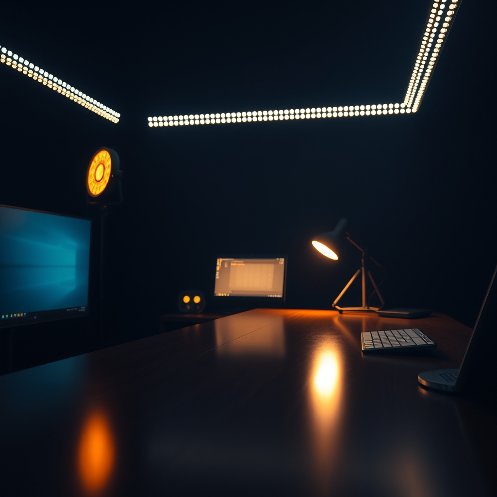 A desk setup bathed in soft, warm diffused ambient light, creating a cozy and focused atmosphere.