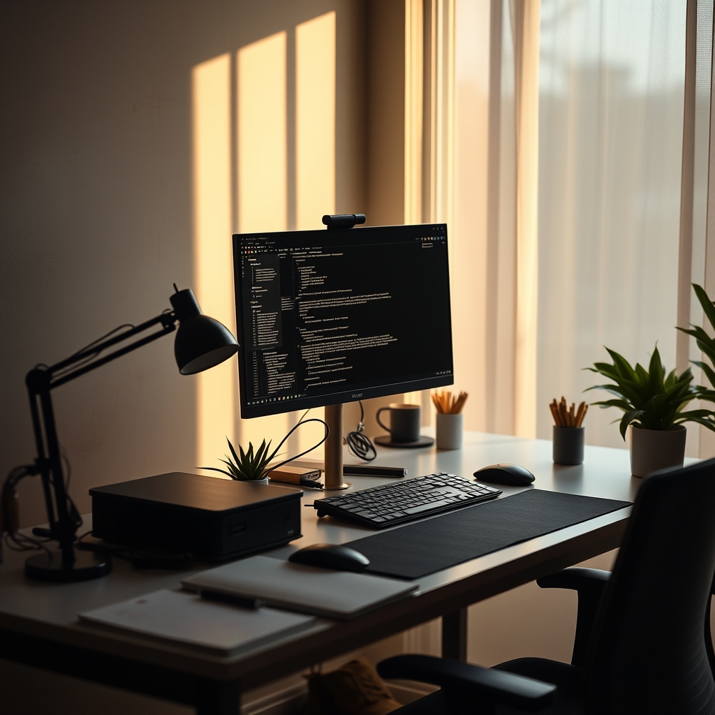 An ultra-minimalist desk setup featuring a single monitor and an uncluttered workspace, emphasizing focus and productivity for deep work.