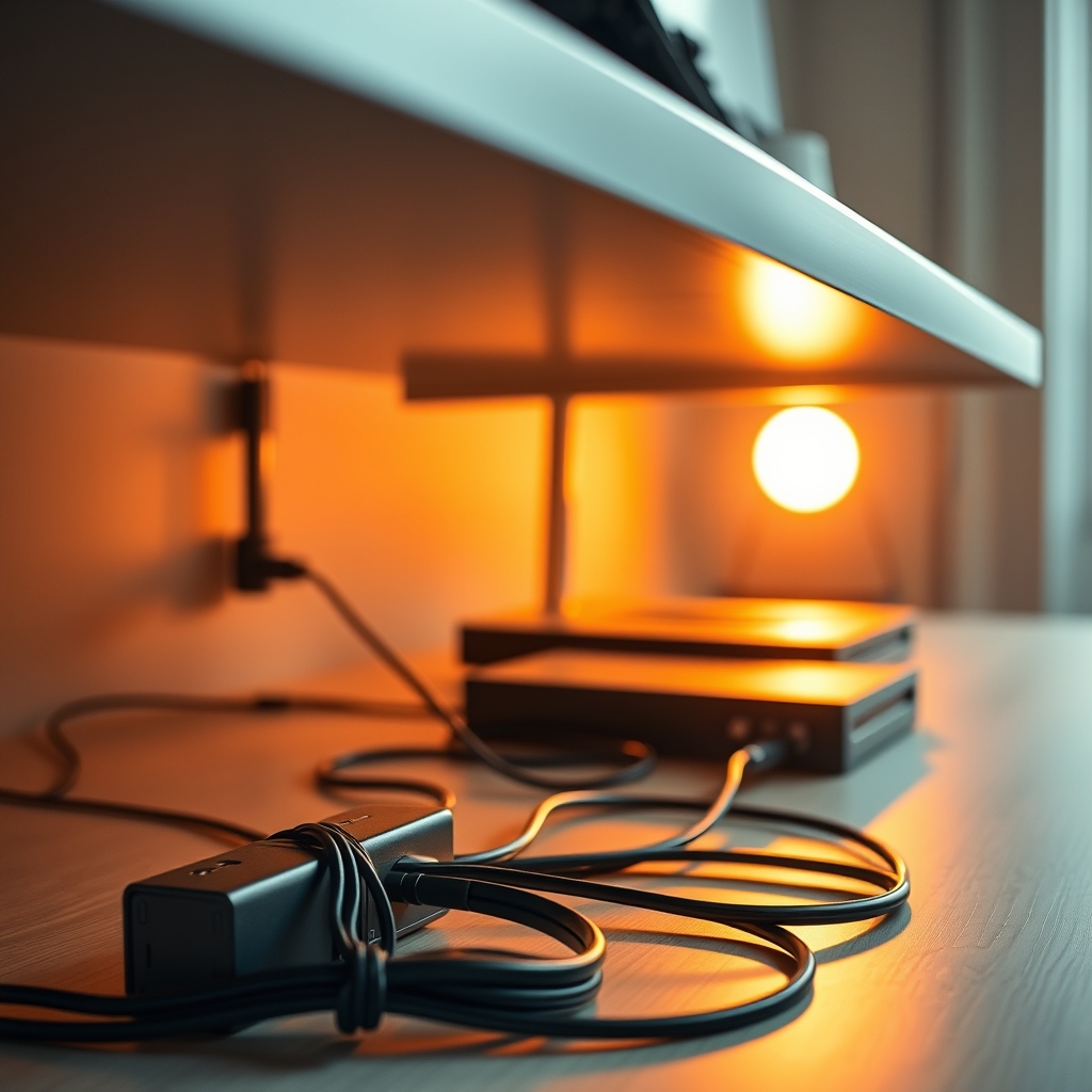 Impeccable cable management underneath a minimalist desk, showcasing organized wires and power strips for a clutter-free environment.