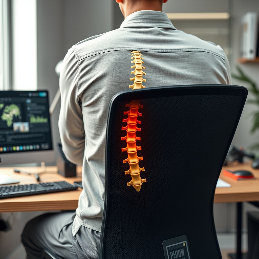 A diagram of a spine with its natural subtle curve, gently supported by a chair back, illustrating dynamic lumbar support that allows for movement.