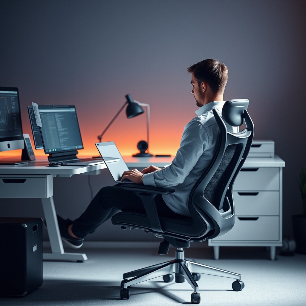 Person in an ergonomic office chair, slightly reclined, demonstrating dynamic sitting posture while working on a laptop in a minimalist workspace.