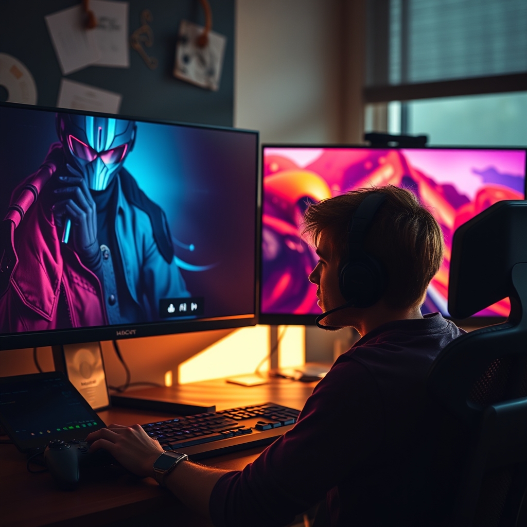 A gamer looking frustrated at their desaturated gaming monitor compared to a vibrant, color-accurate professional display.