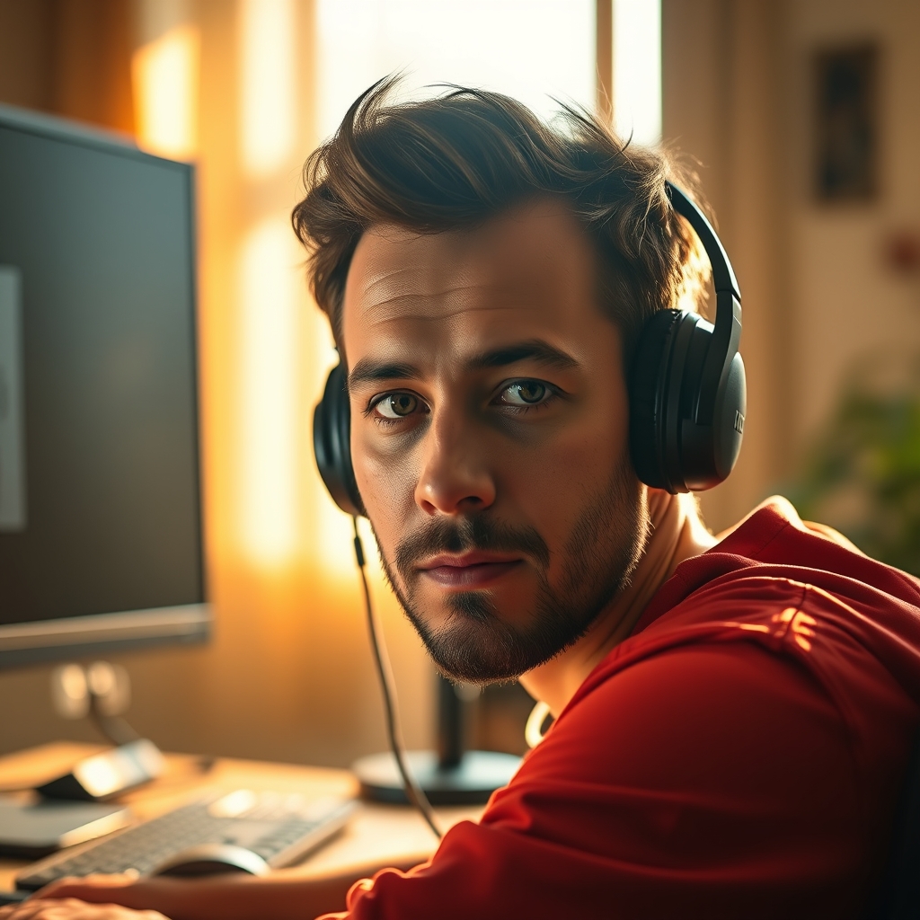 A streamer's face with uneven lighting and poor color, demonstrating the 'desaturated persona' caused by a bad monitor.