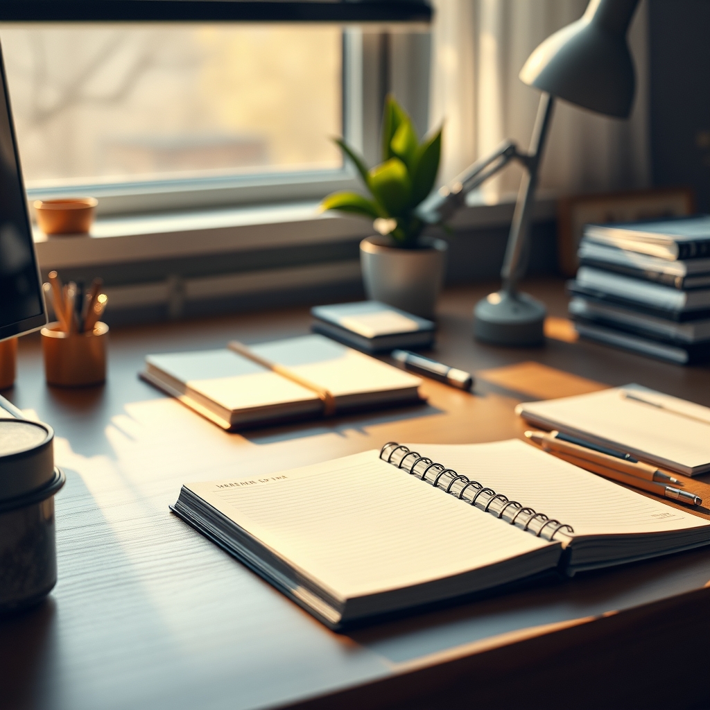 A minimalist desk featuring a clean layout, elegant notepads, and a weekly productivity planner.