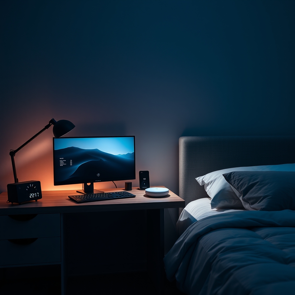 A smart clock orchestrating a calm, minimalist bedroom environment for optimal sleep.