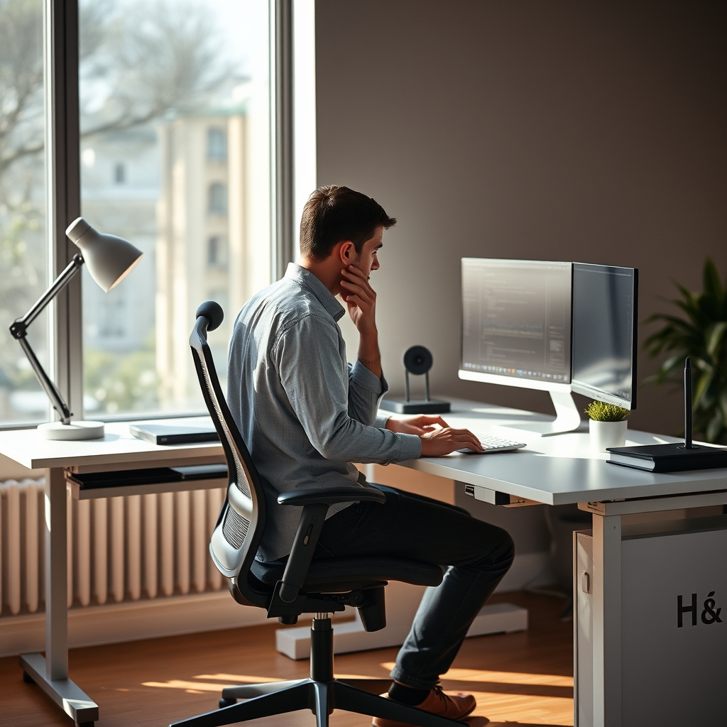 A person smoothly transitioning their posture between sitting and standing at an ergonomic desk, highlighting the importance of dynamic movement for sustained focus.