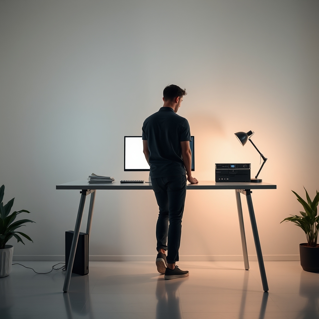 Person standing at a minimalist standing desk, engaged in deep work with a focused expression, demonstrating subtle micro-movements for cognitive benefits.