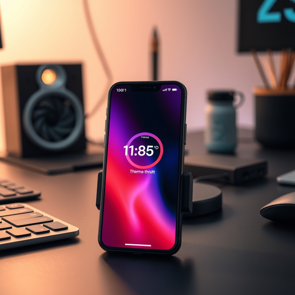 Smartphone screen showing a thermal throttling warning while wirelessly charging from a power bank, illustrating performance degradation.