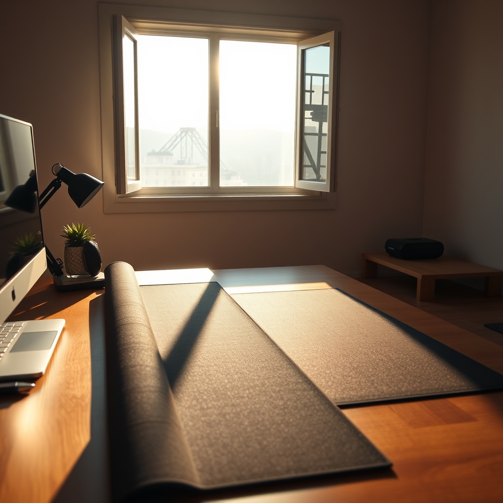 A new desk mat airing out by an open window, suggesting proper ventilation.