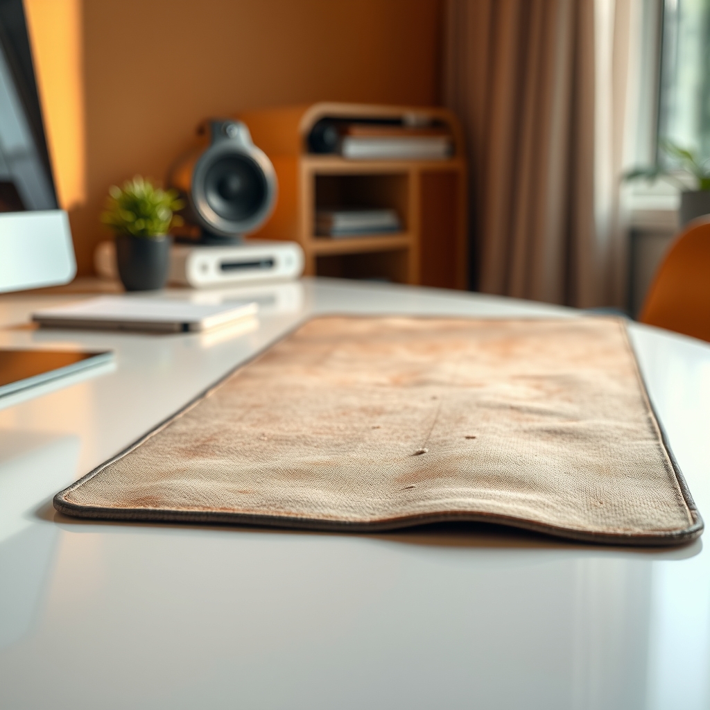 Close-up of a cheap, warped desk mat showing discoloration and poor quality.