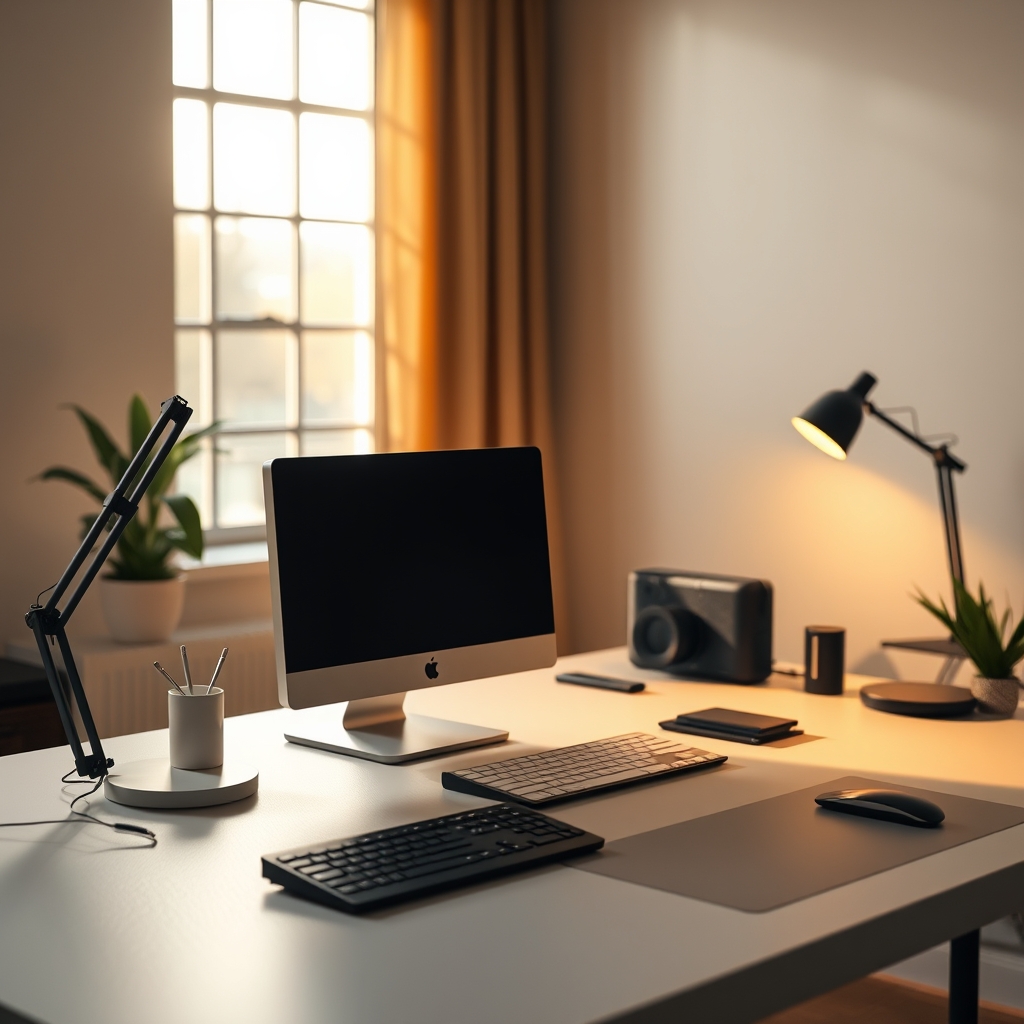 A focused desk setup featuring a single acoustic desk divider and strategic, soft desk lighting on a matte surface, promoting concentration.