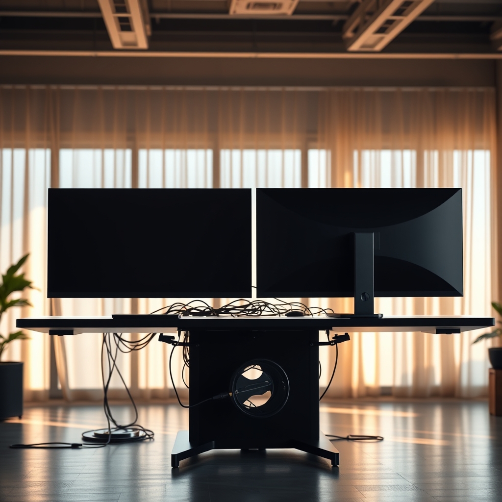 An ultra-modern ergonomic desk setup with a sleek design but a visible tangle of cables behind the monitors, highlighting hidden visual noise.