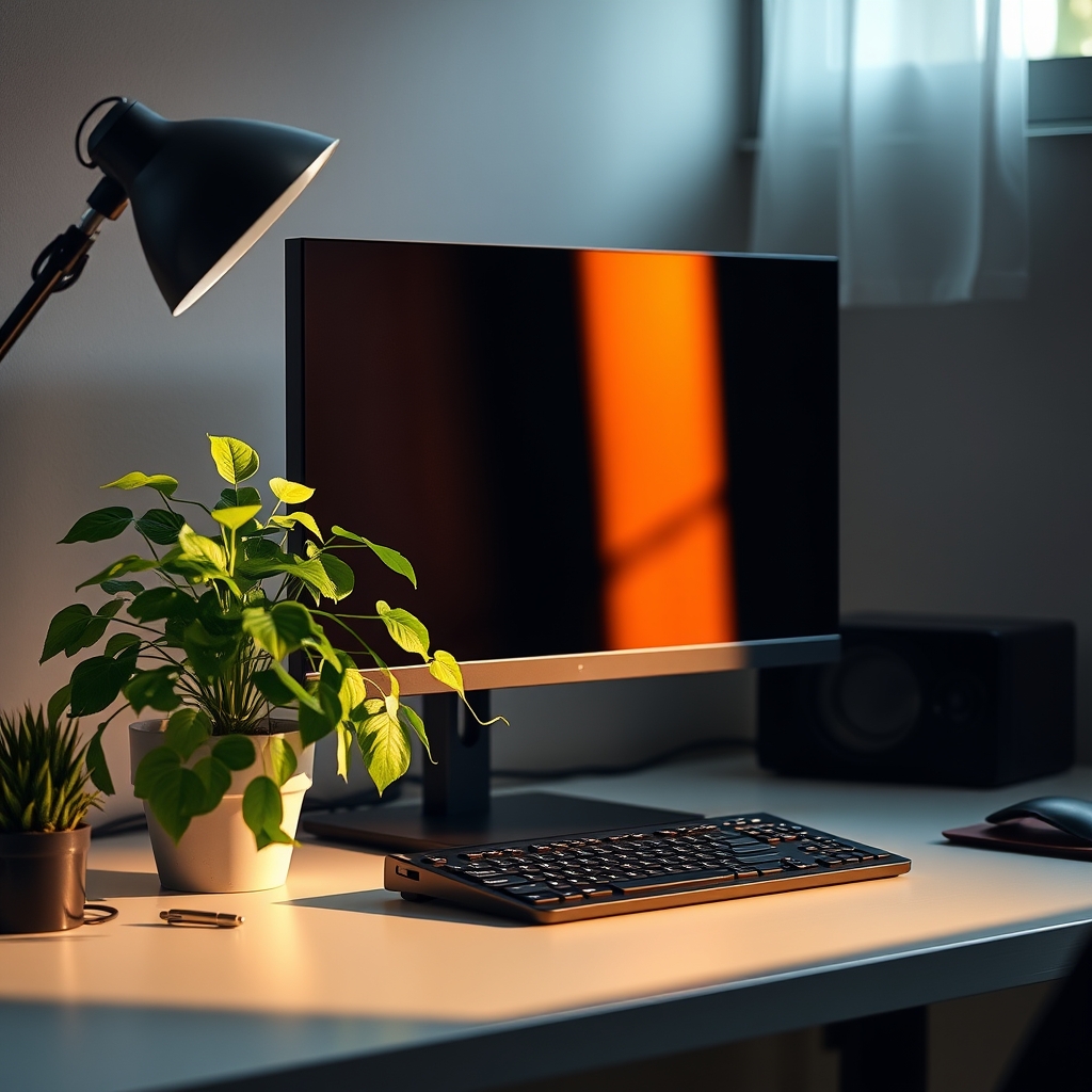 Minimalist desk setup with a Pothos plant, its cool green leaves harmonizing with a matte black monitor and brushed aluminum keyboard.