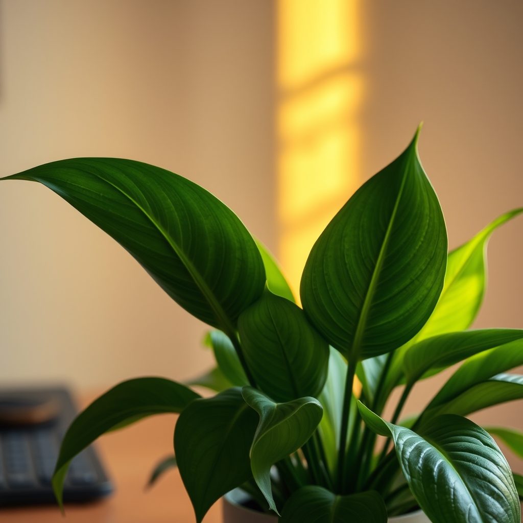 Close-up of a desk plant's leaves with a subtle sheen, implying localized air quality and humidity benefits in a clean workspace.