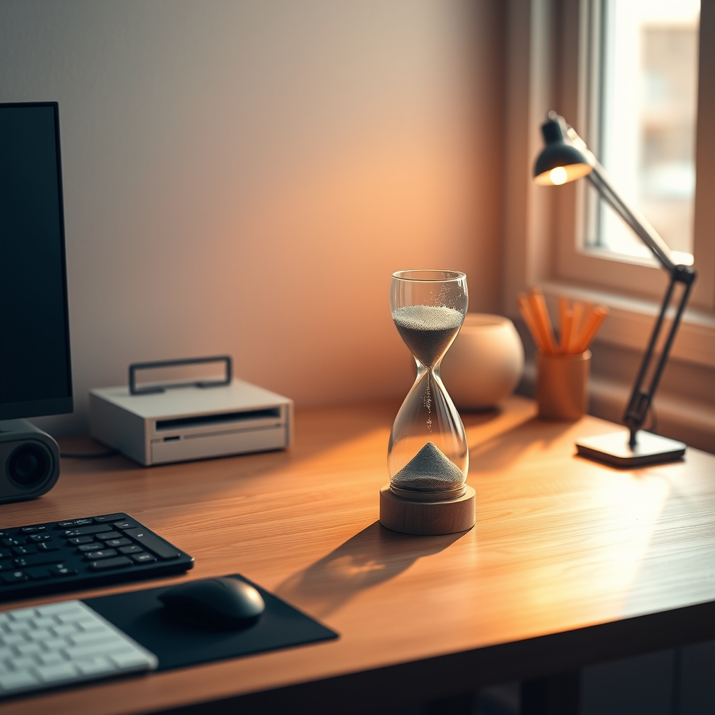 Minimalist desk setup with a single, elegant liquid motion sandscape providing a calming visual anchor for deep work.