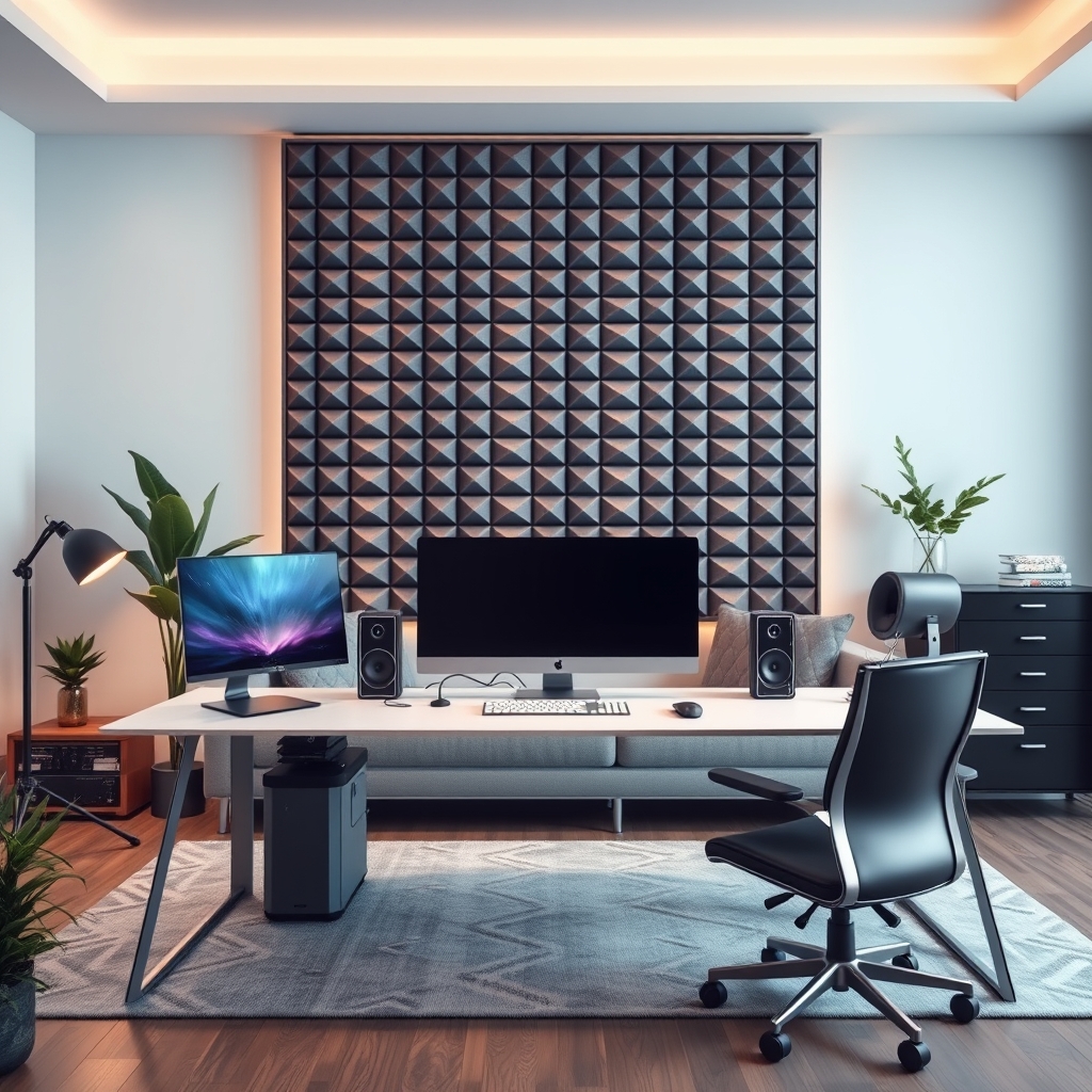 A modern living room featuring geometric acoustic wall art that blends artistic design with effective sound absorption.