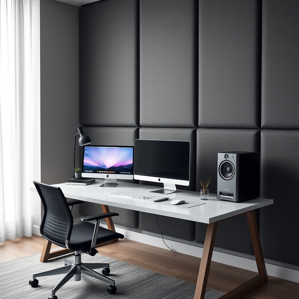 Charcoal grey felt acoustic panels seamlessly integrated into a modern home office design, enhancing both sound and visual appeal.