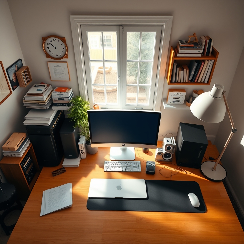Comparison of a cluttered desk versus a minimalist desk showing the difference in visual cognitive load.