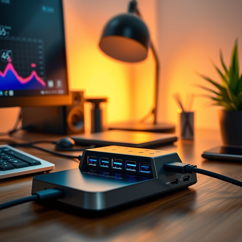 Thermal camera image or diagram illustrating heat distribution on a USB hub under load, highlighting hot spots on cheaper plastic models vs. cooler aluminum designs.