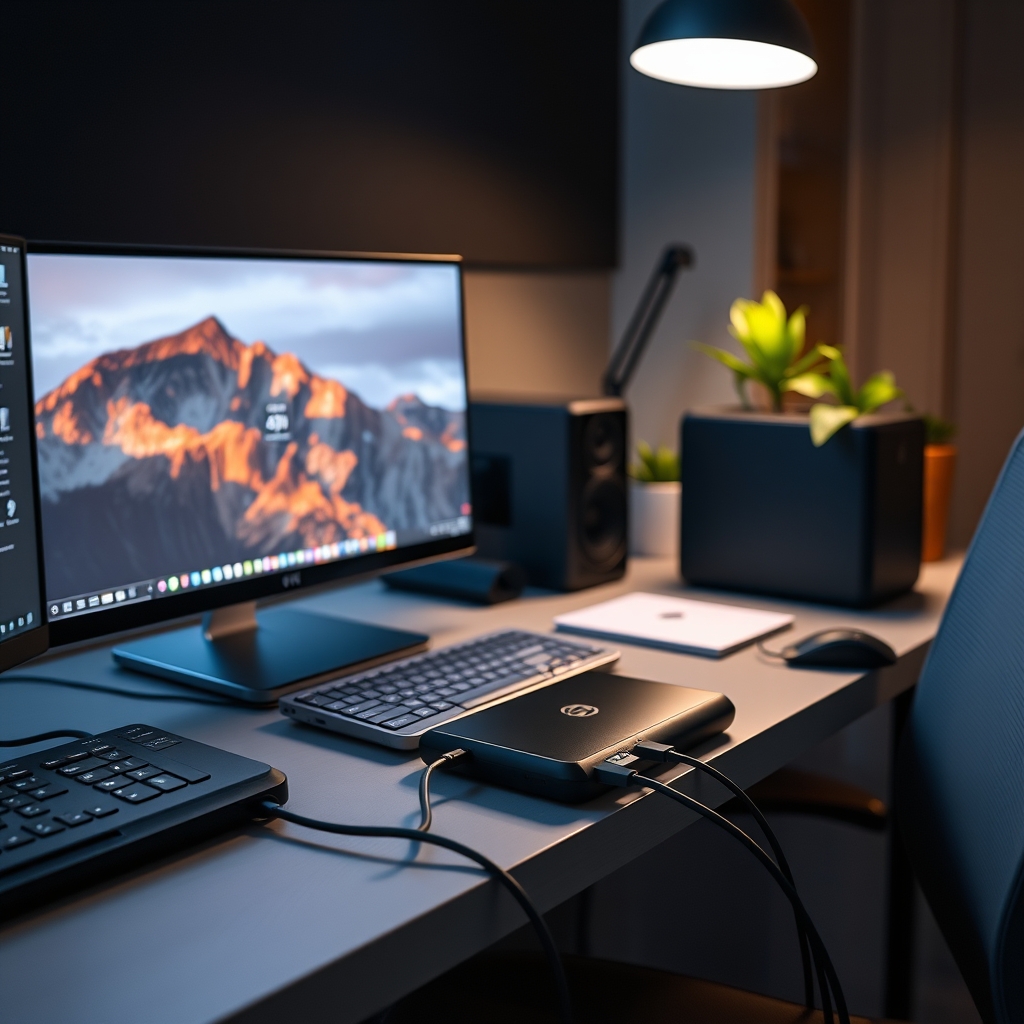 Overhead view of a perfectly organized desk setup where a USB hub neatly consolidates peripheral cables, contrasting with a messy setup.