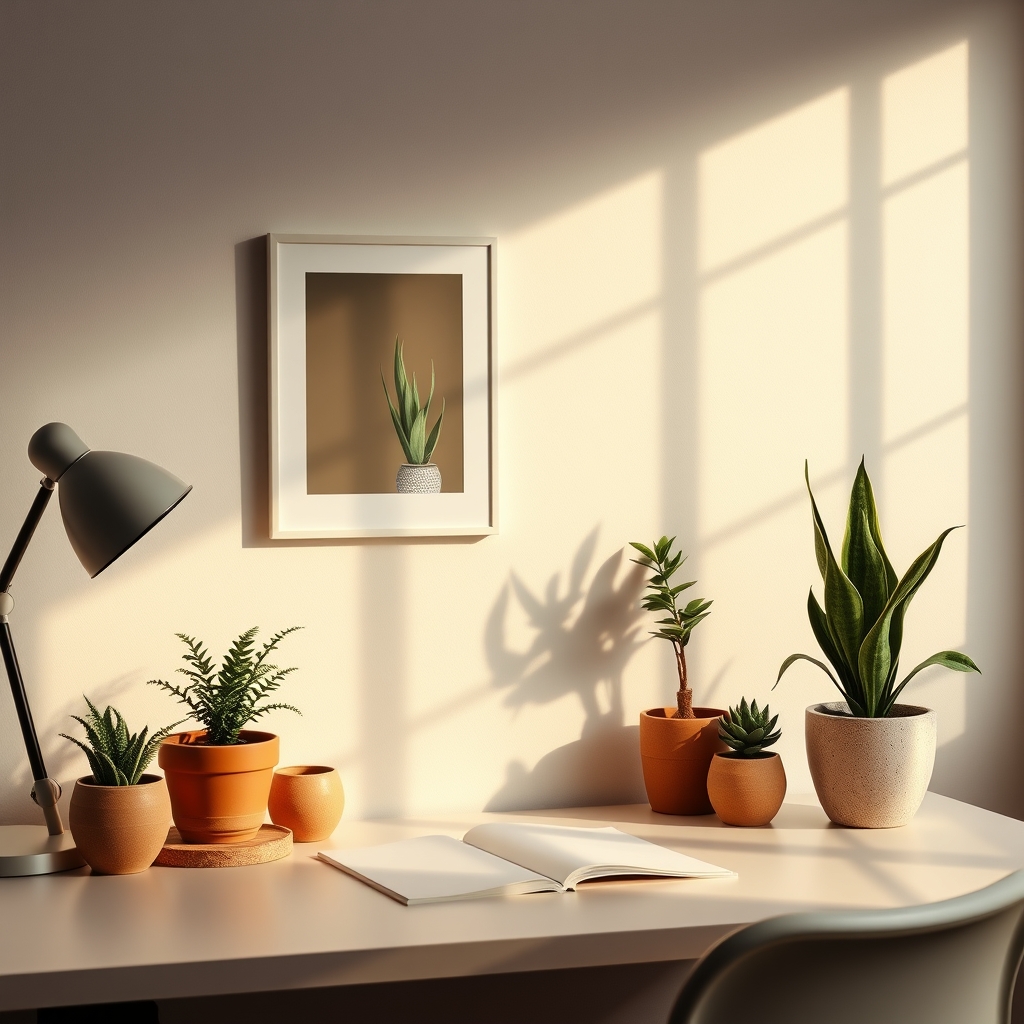 A collection of raw, unglazed terracotta pots on a clean wooden desk, showcasing natural textures and earthy tones for desk plants.