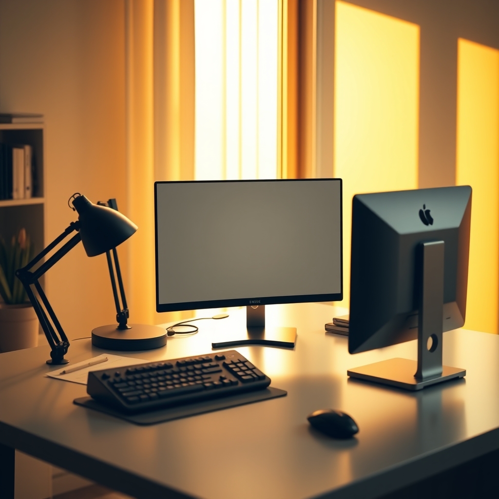 A perfectly minimalist desk setup with a single monitor, no visible cables, and warm, diffused lighting. A small, simple plant sits to the side, emphasizing a serene deep work environment.