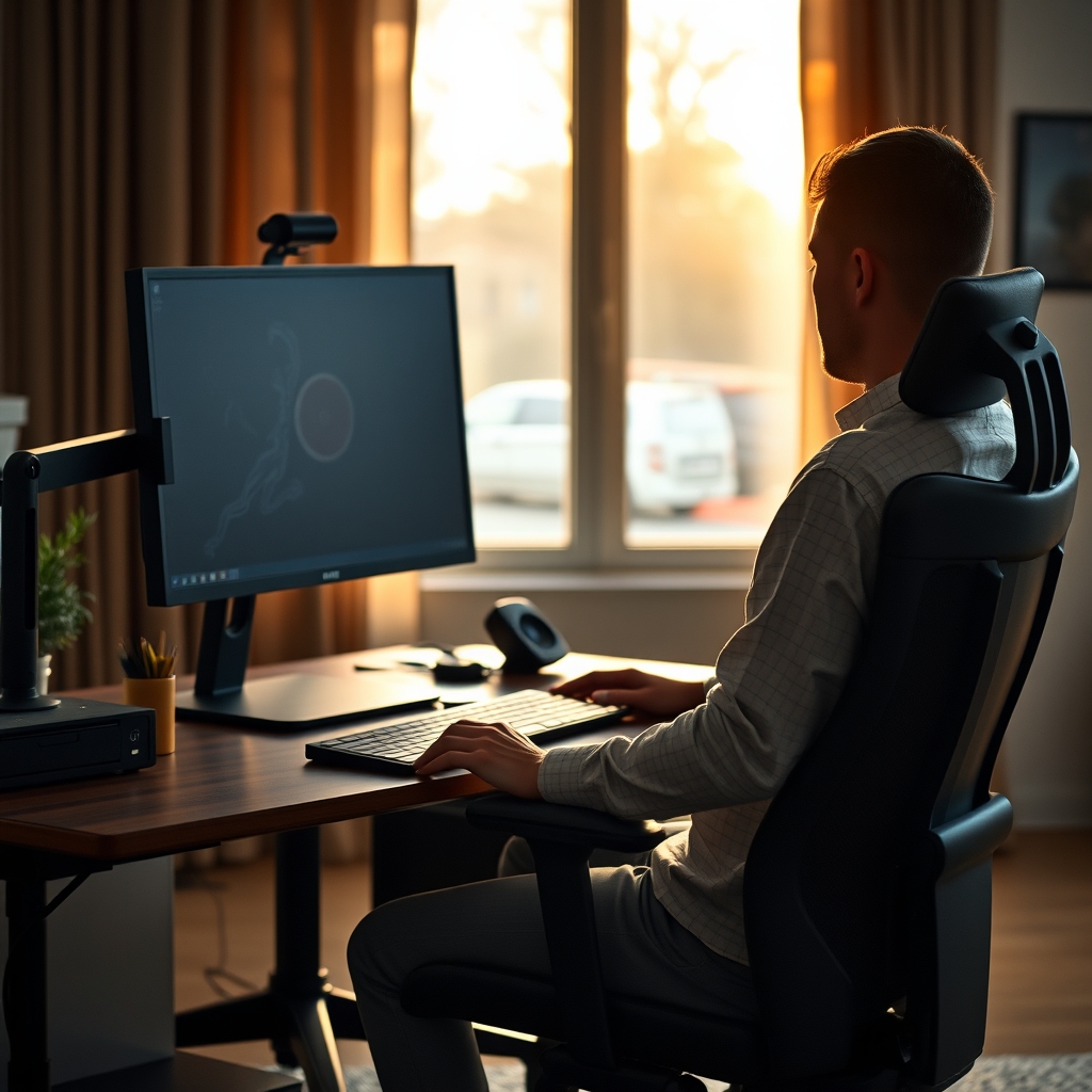 A person adjusting their ergonomic office chair and monitor to achieve optimal posture, focusing on neutral spine alignment and arm position for long-term comfort.