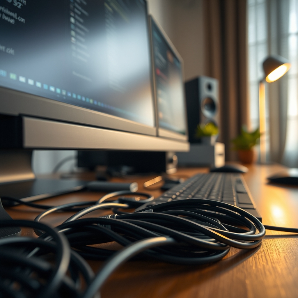 A close-up shot of expertly managed cables under a desk, with wires neatly bundled and routed out of sight, showcasing a clean and organized workspace.