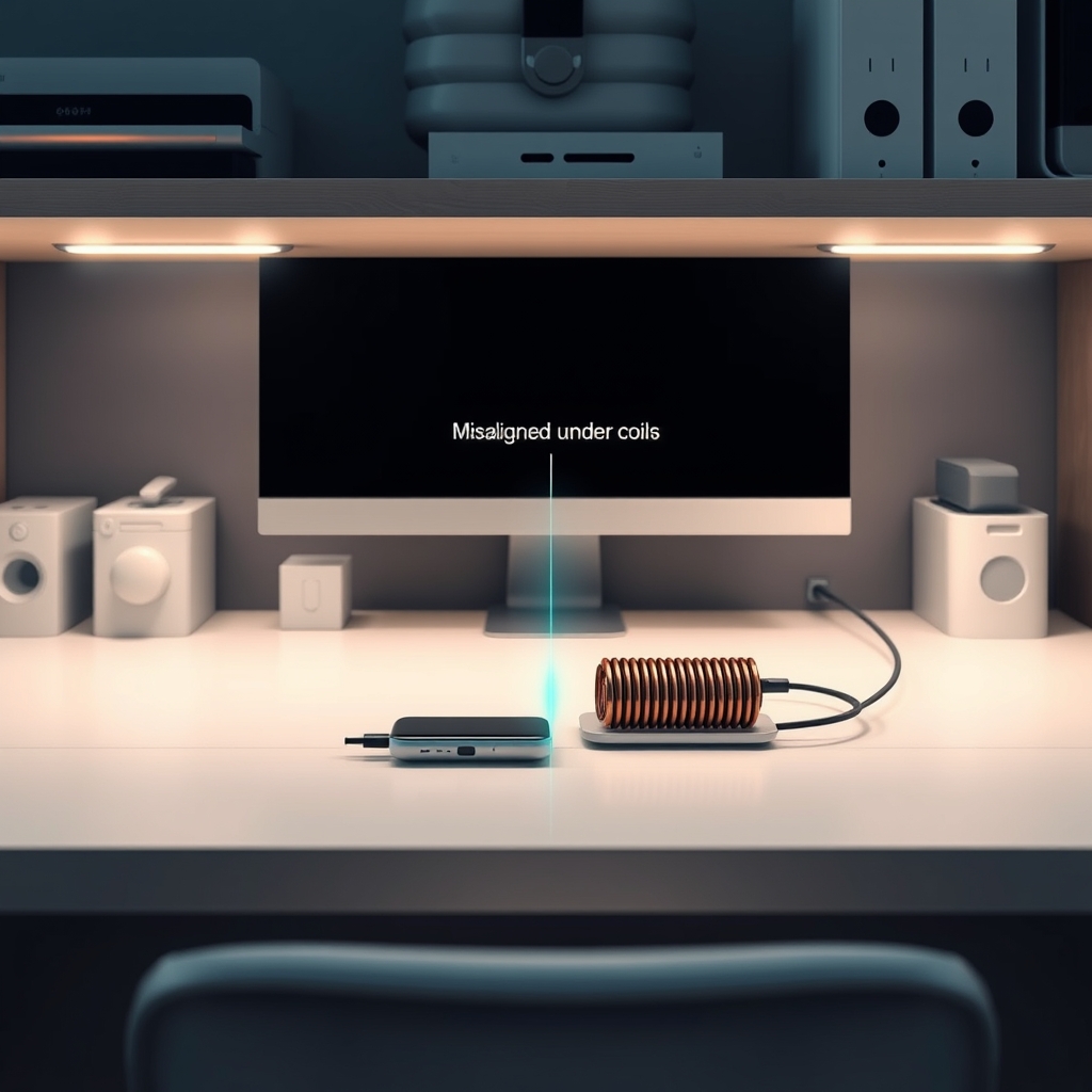 Technical diagram showing misaligned transmitting and receiving coils in a wireless charger, depicting inefficient energy transfer.