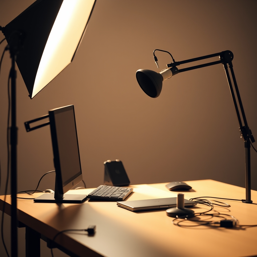 An ideal YouTube studio setup showcasing optimal lighting, cable management, and microphone placement.