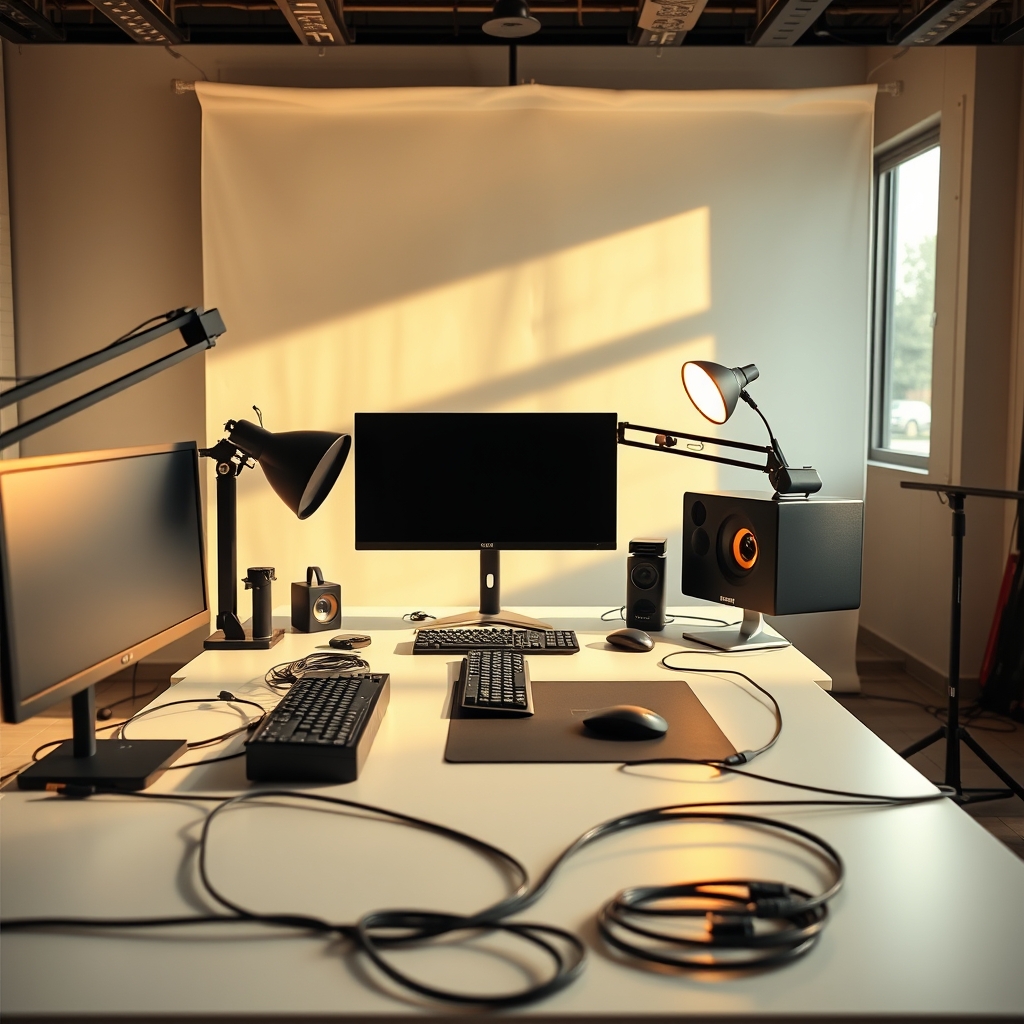 Immaculate cable management in a YouTube studio setup, showing organized wiring
